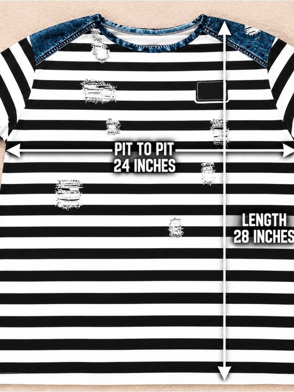 Striped Black & White Tee with faux Denim Trim and faux distress 2x - Picture 3 of 5